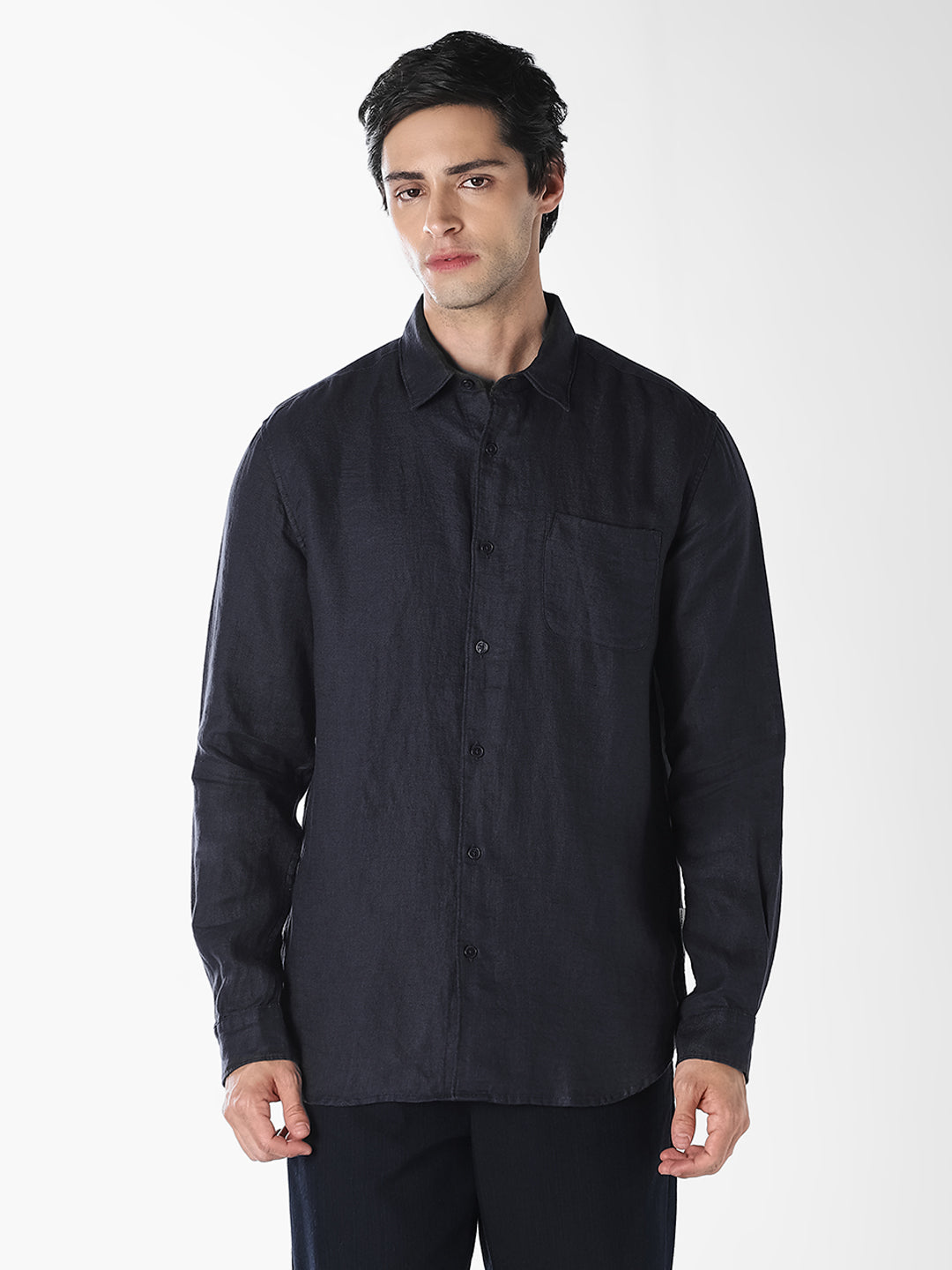 Dark Blue Linen Regular Fit Shirt