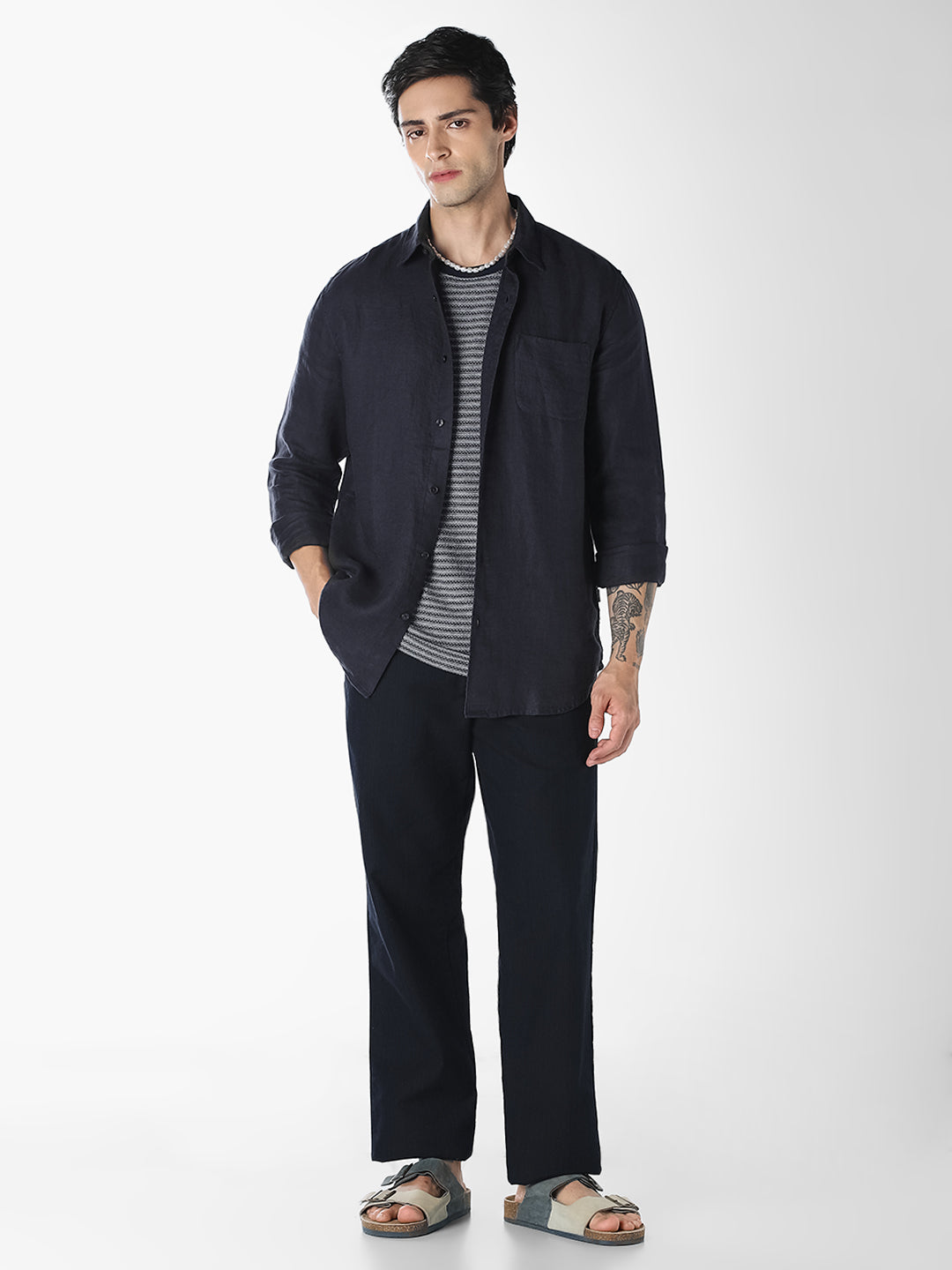 Dark Blue Linen Regular Fit Shirt