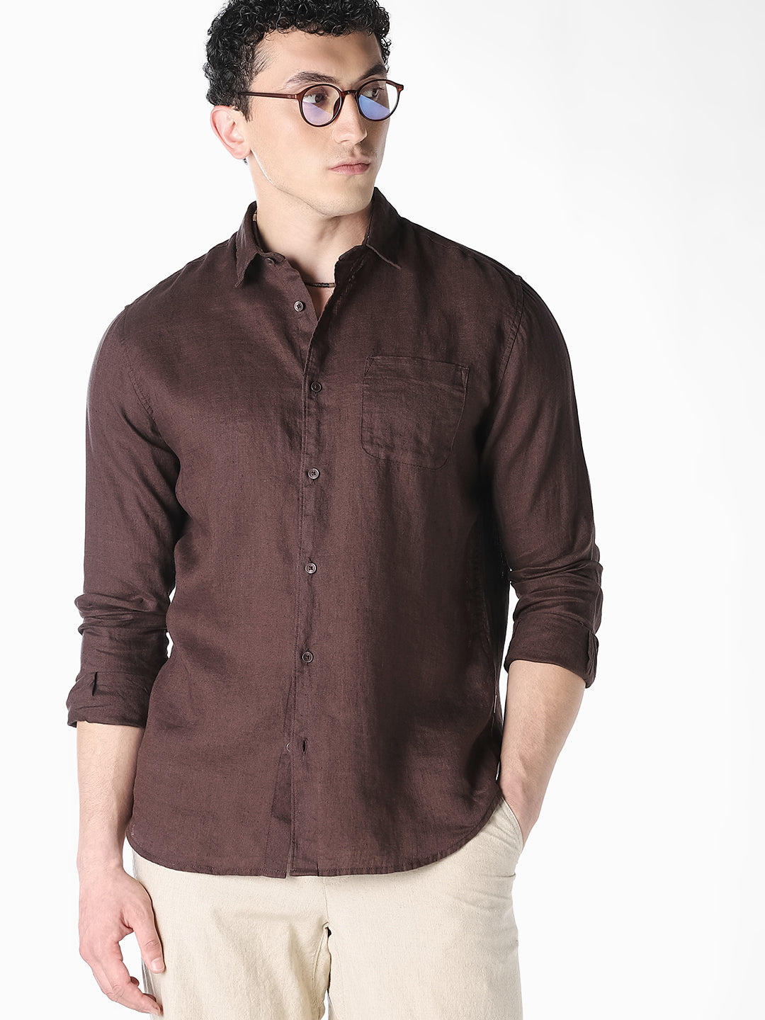 Dark Brown Linen Regular Fit Shirt - L