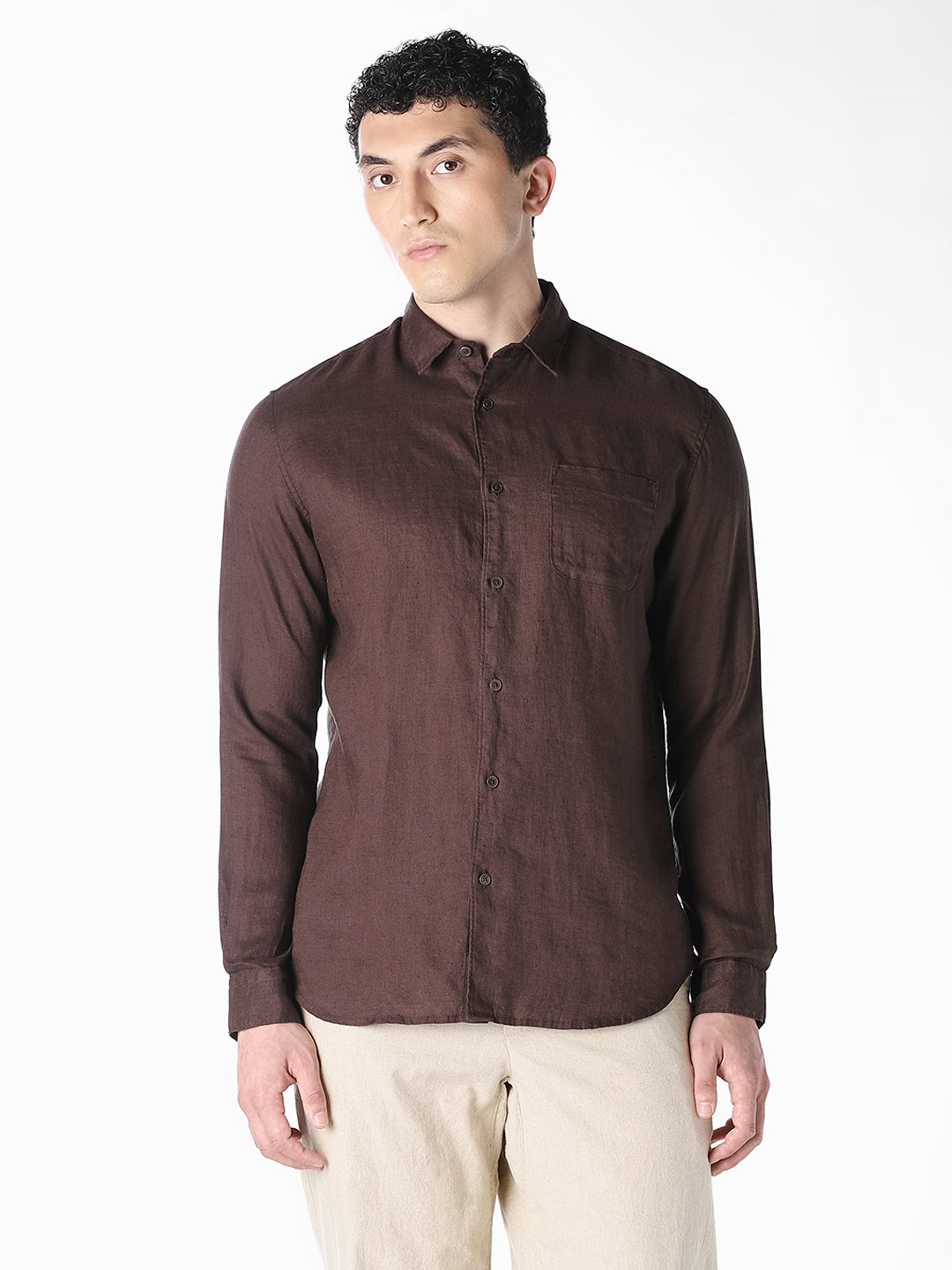 Dark Brown Linen Regular Fit Shirt