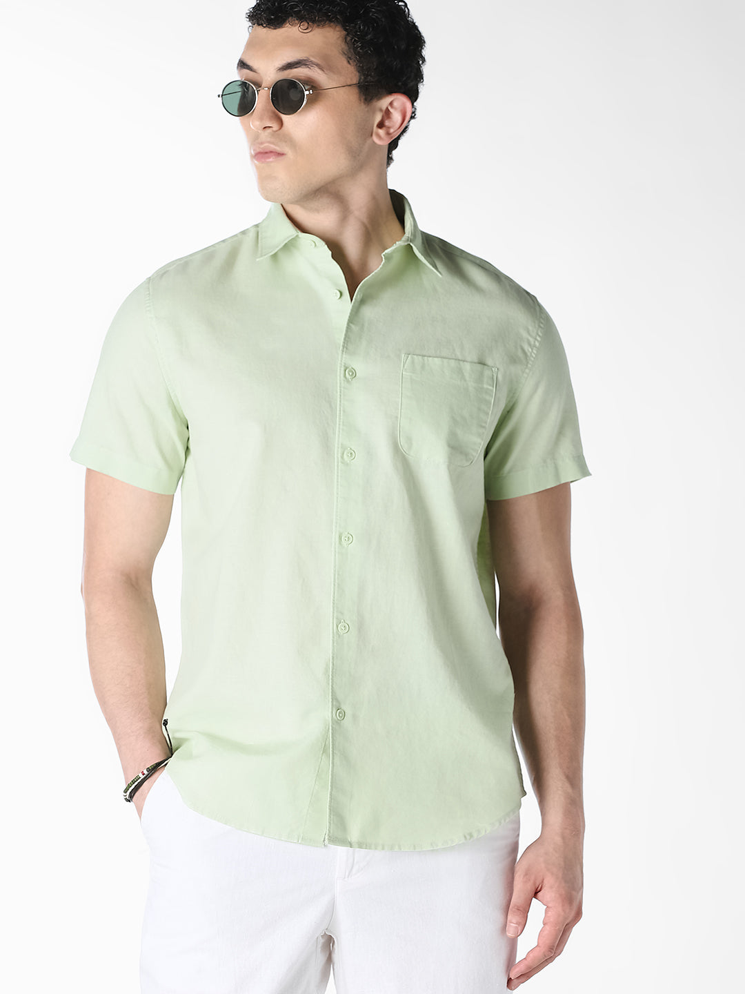 Pastel Green Linen Short Sleeves Shirt - S