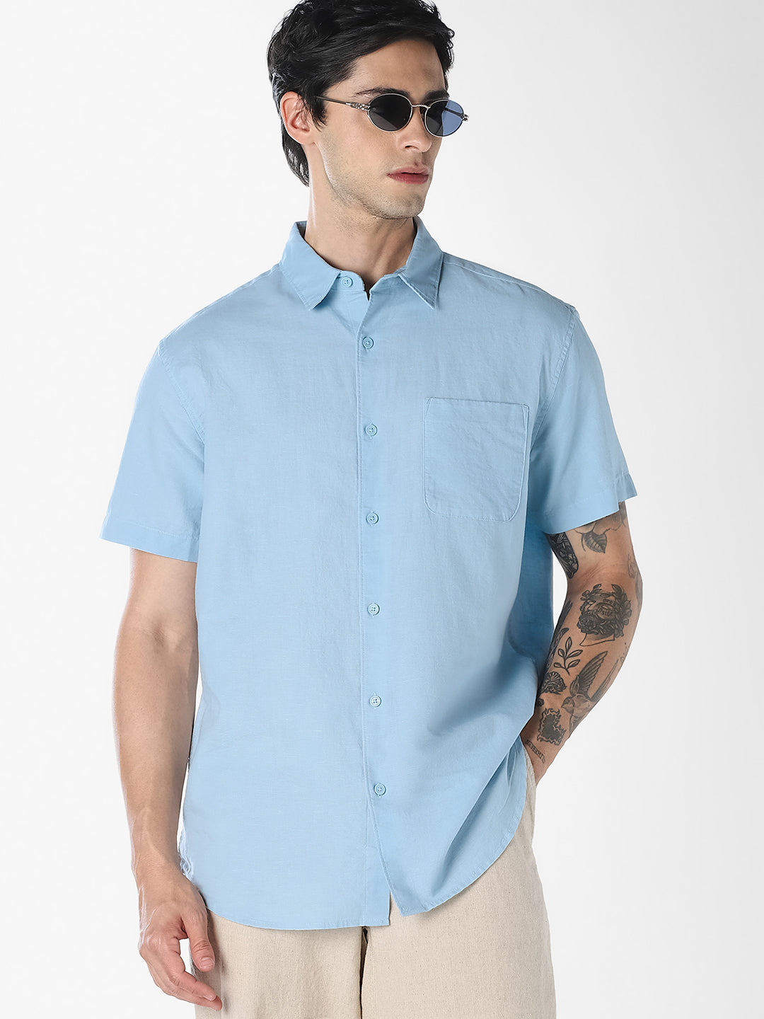 Blue Linen Short Sleeves Shirt