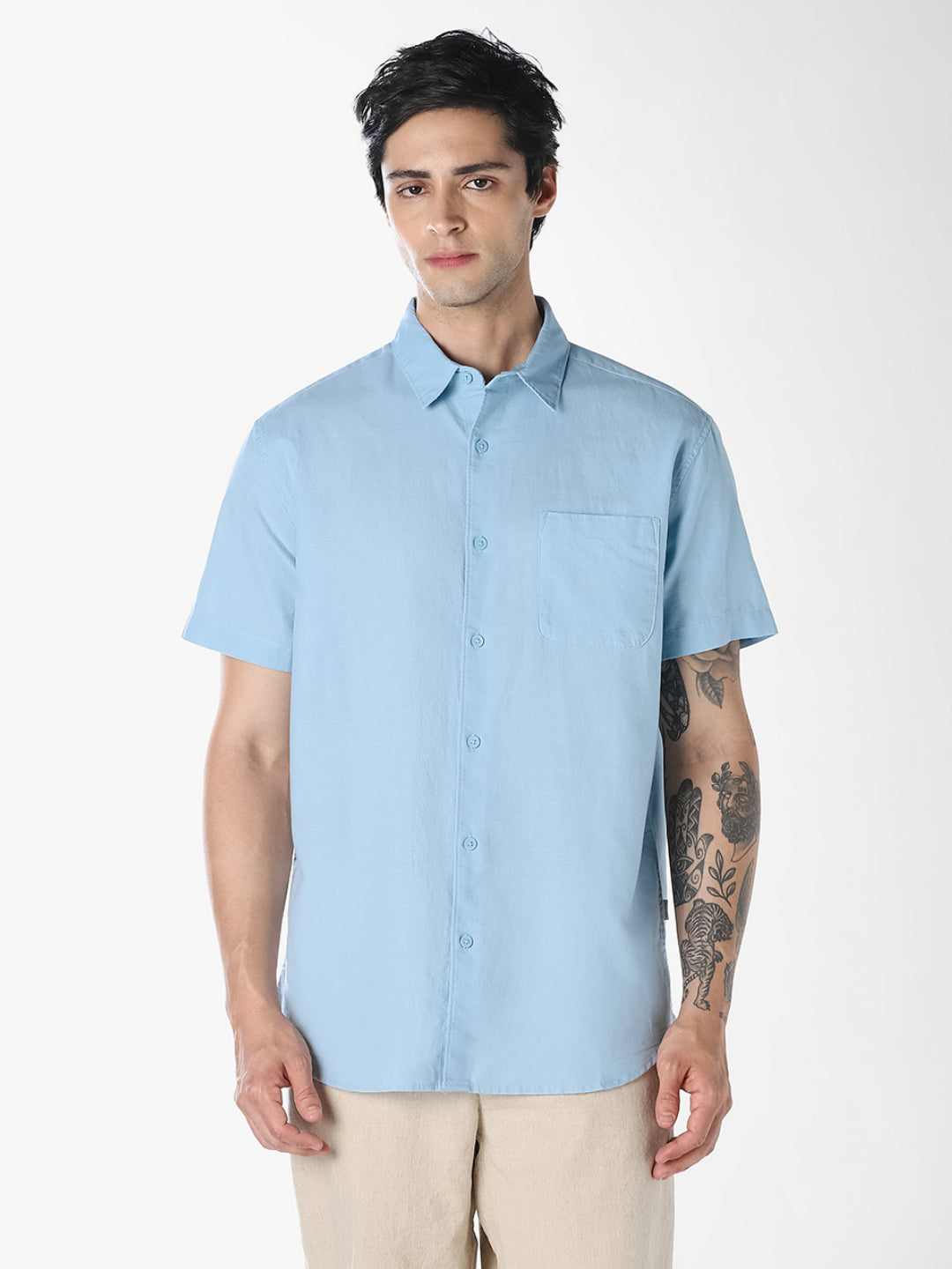 Blue Linen Short Sleeves Shirt