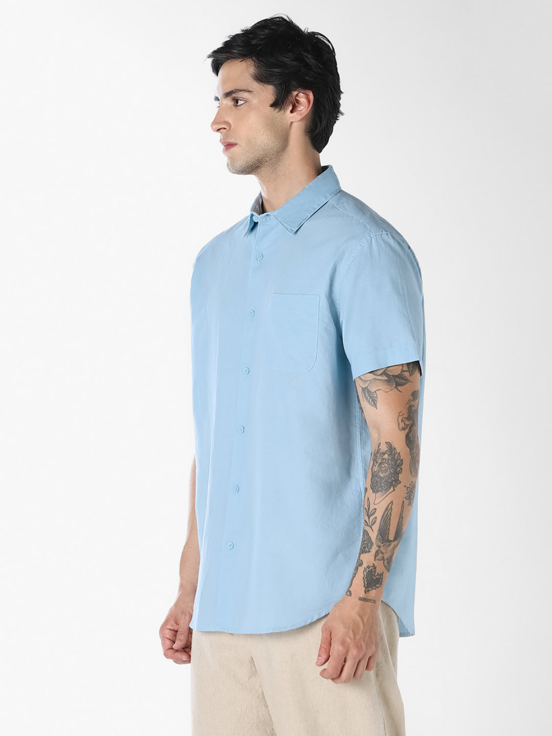 Blue Linen Short Sleeves Shirt