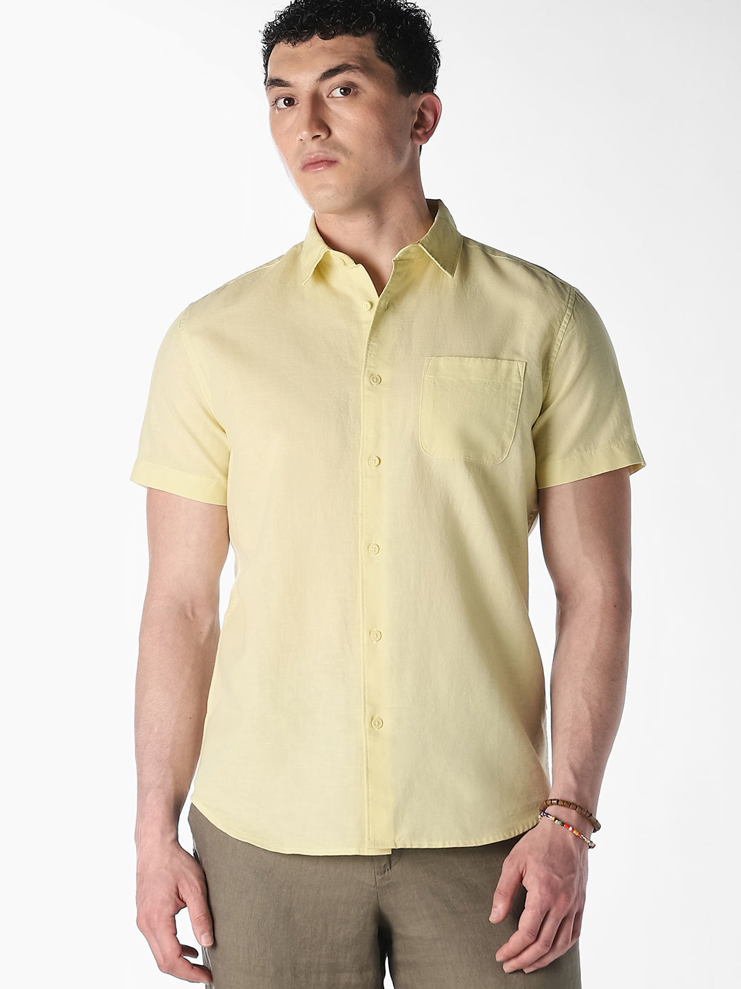 Yellow Linen Short Sleeves Shirt