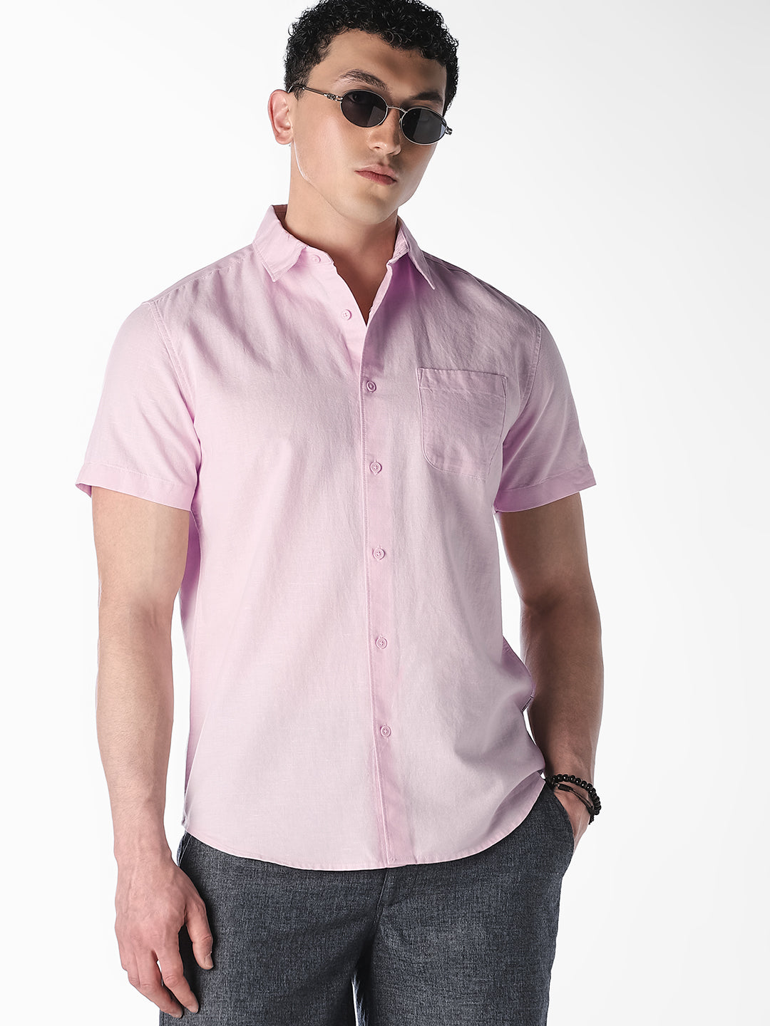 Pink Linen Short Sleeves Shirt - S