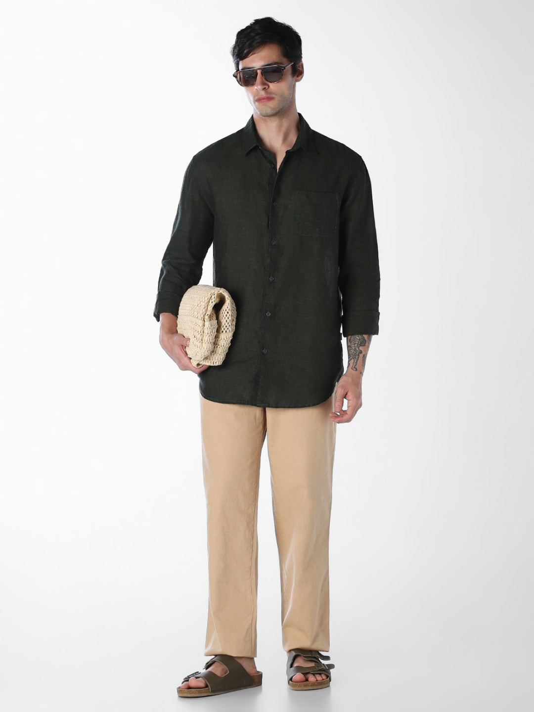 Men Khaki Linen Blend Regular Fit Chinos