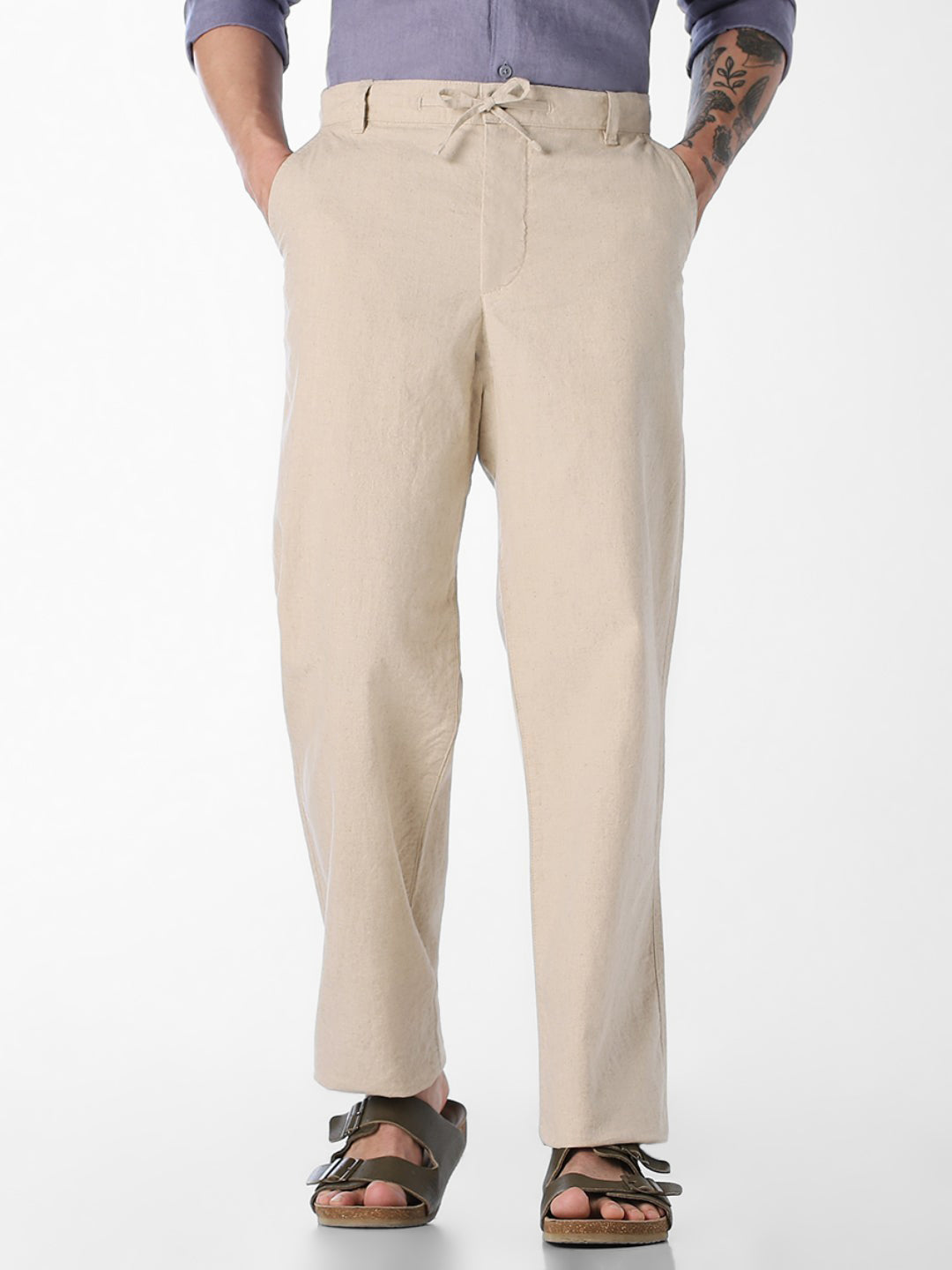 Men's Linen Blend Beige Solid Regular Fit Chinos - S