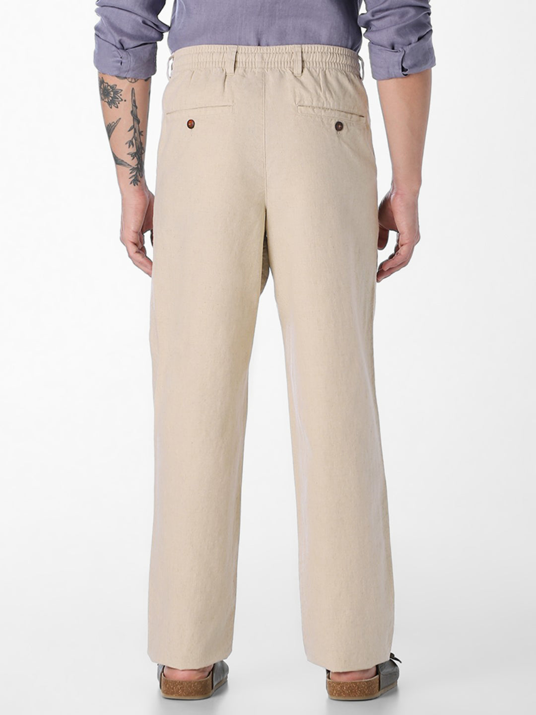 Men's Linen Blend Beige Solid Regular Fit Chinos