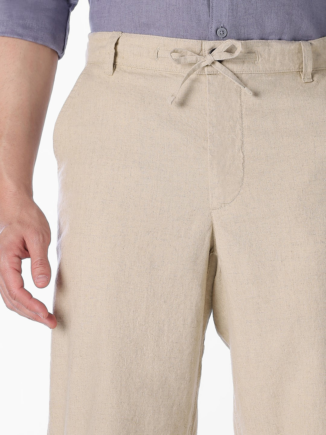 Men's Linen Blend Beige Solid Regular Fit Chinos