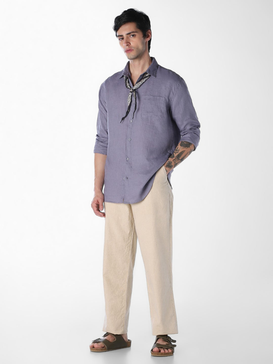 Men's Linen Blend Beige Solid Regular Fit Chinos