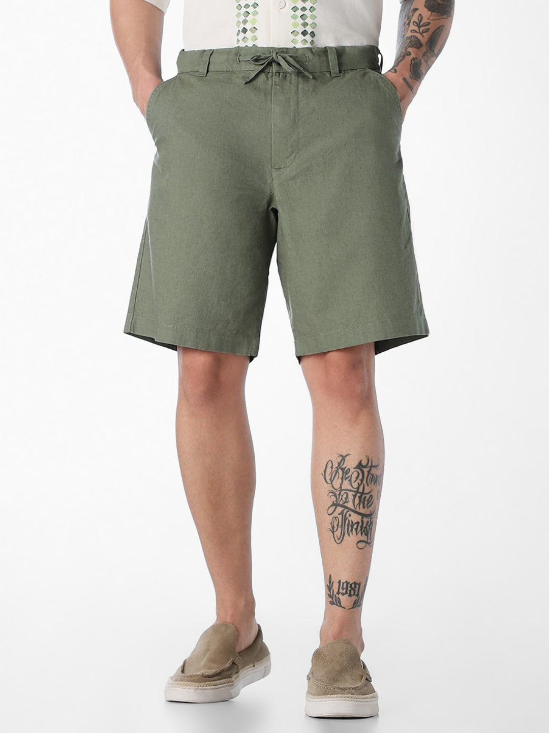 Green Linen Blend Chino Shorts