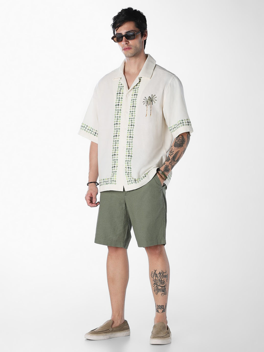 Green Linen Blend Chino Shorts