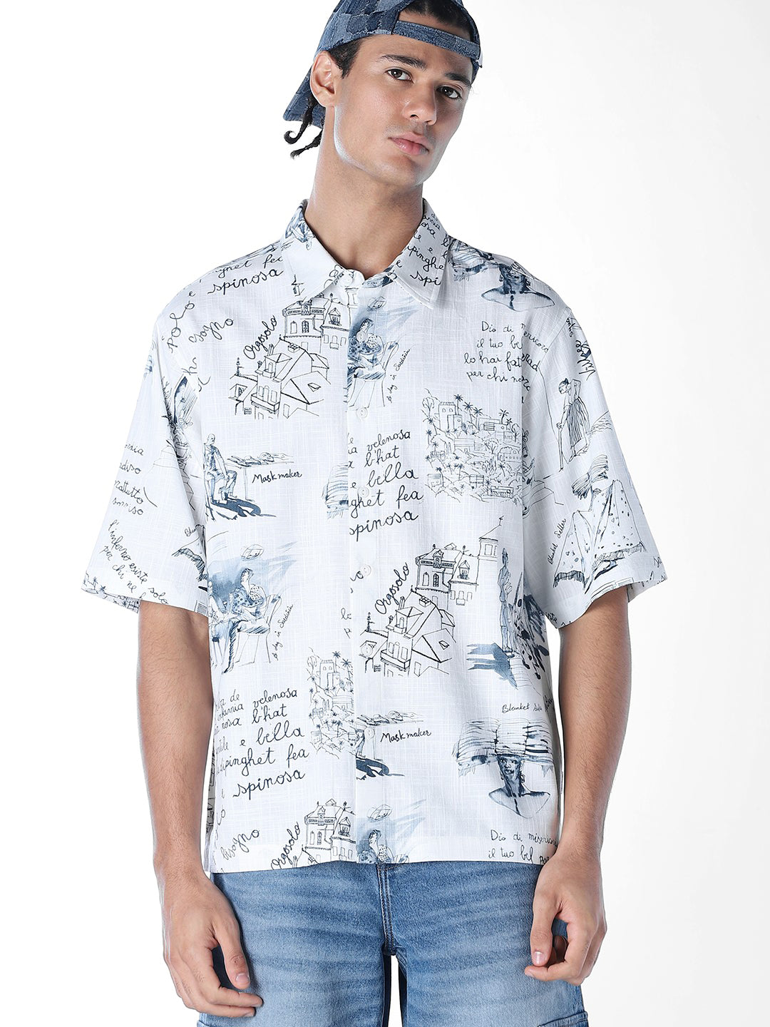 Linen Blend Printed Oversized Shirt - M