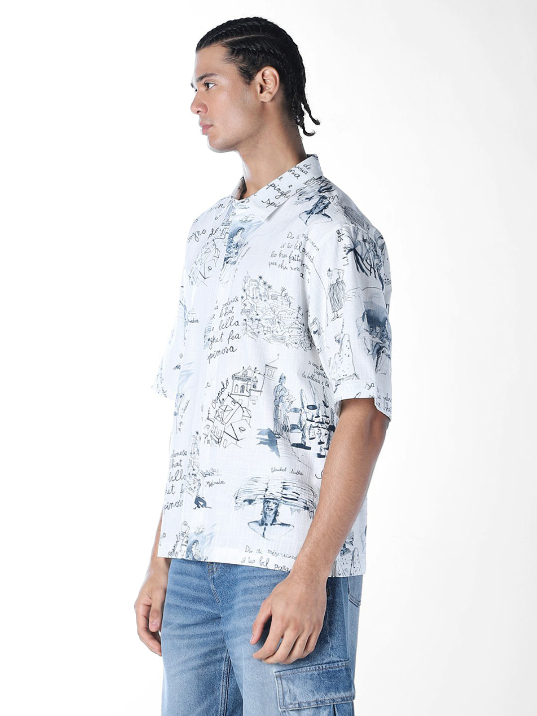 Linen Blend Printed Oversized Shirt