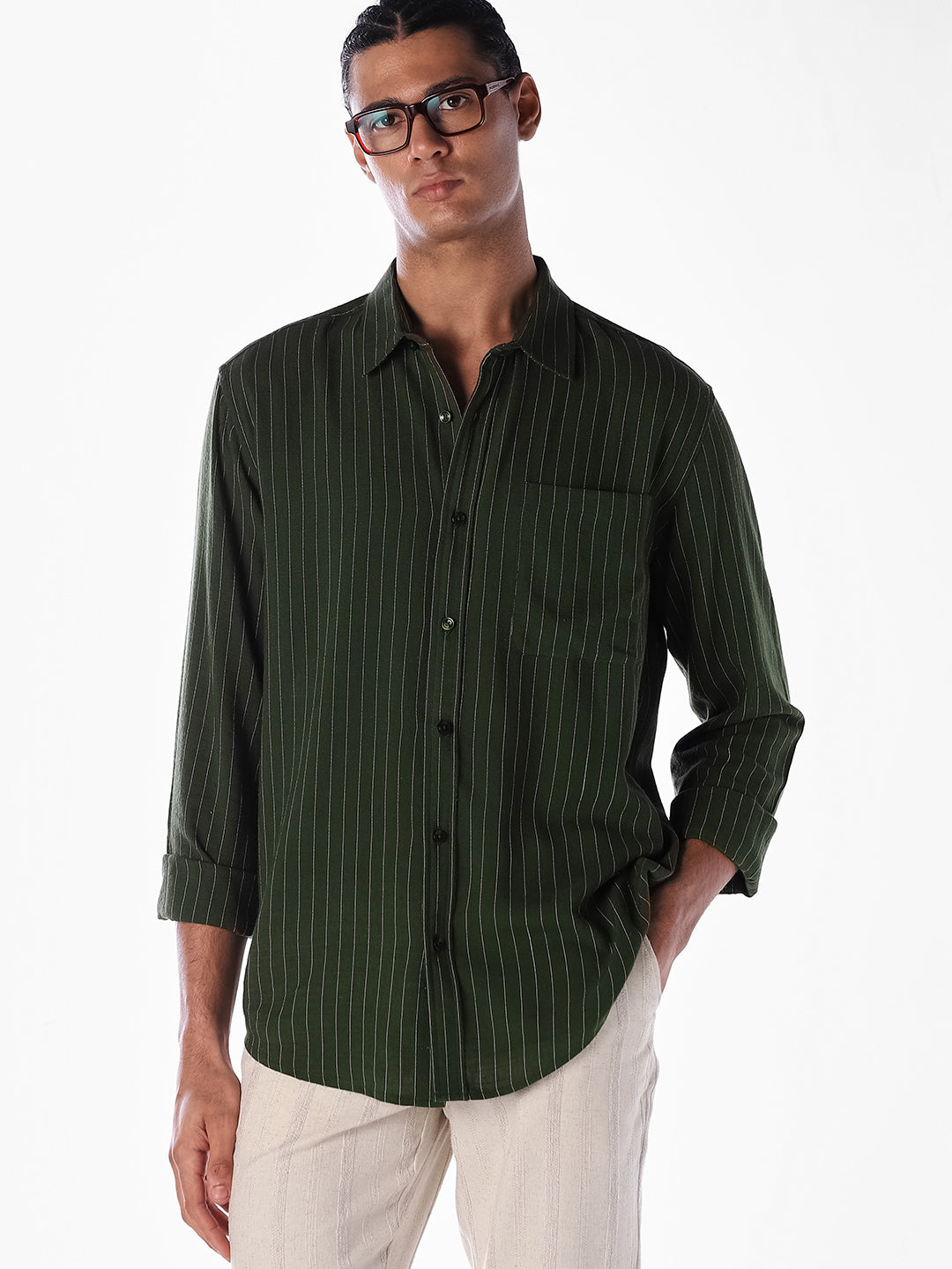 Dark Green Striped Regular Fit Shirt - XL