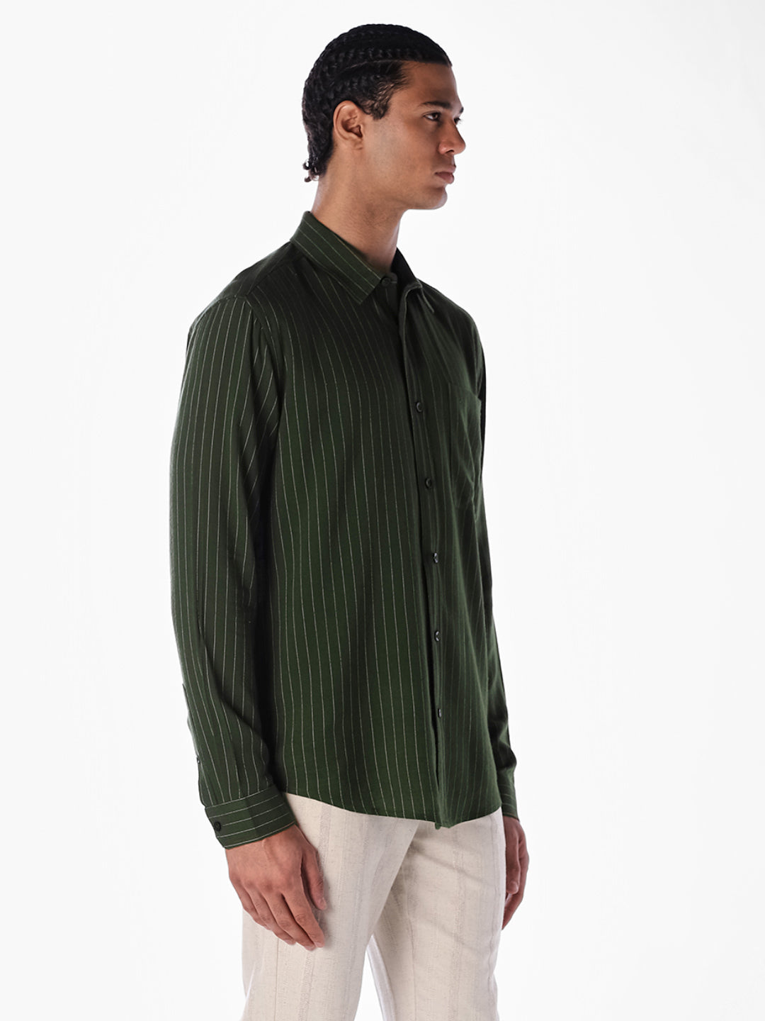 Dark Green Striped Regular Fit Shirt