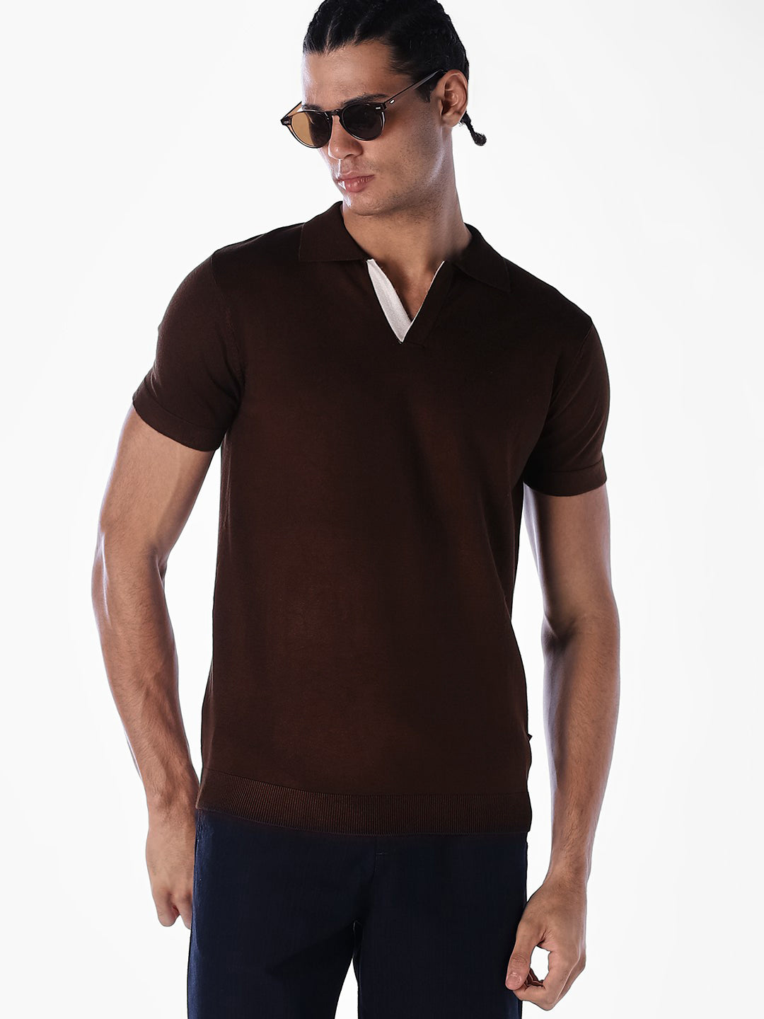 Knitted Slim Fit Polo - Brown