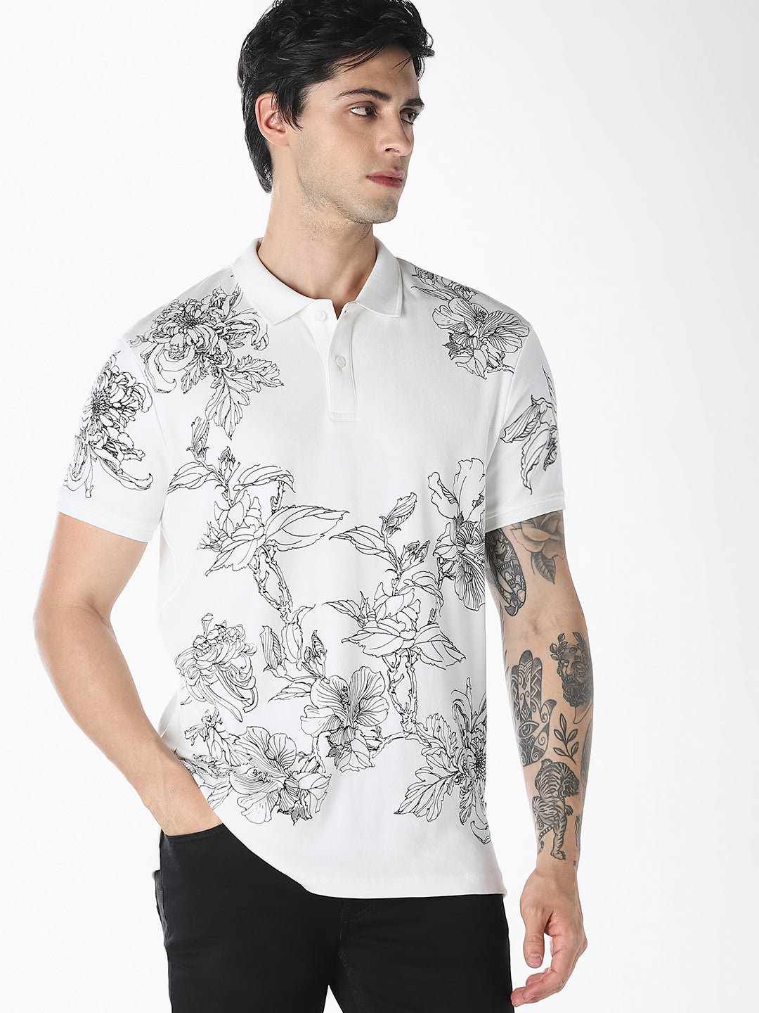 White Floral Print Cotton Polo