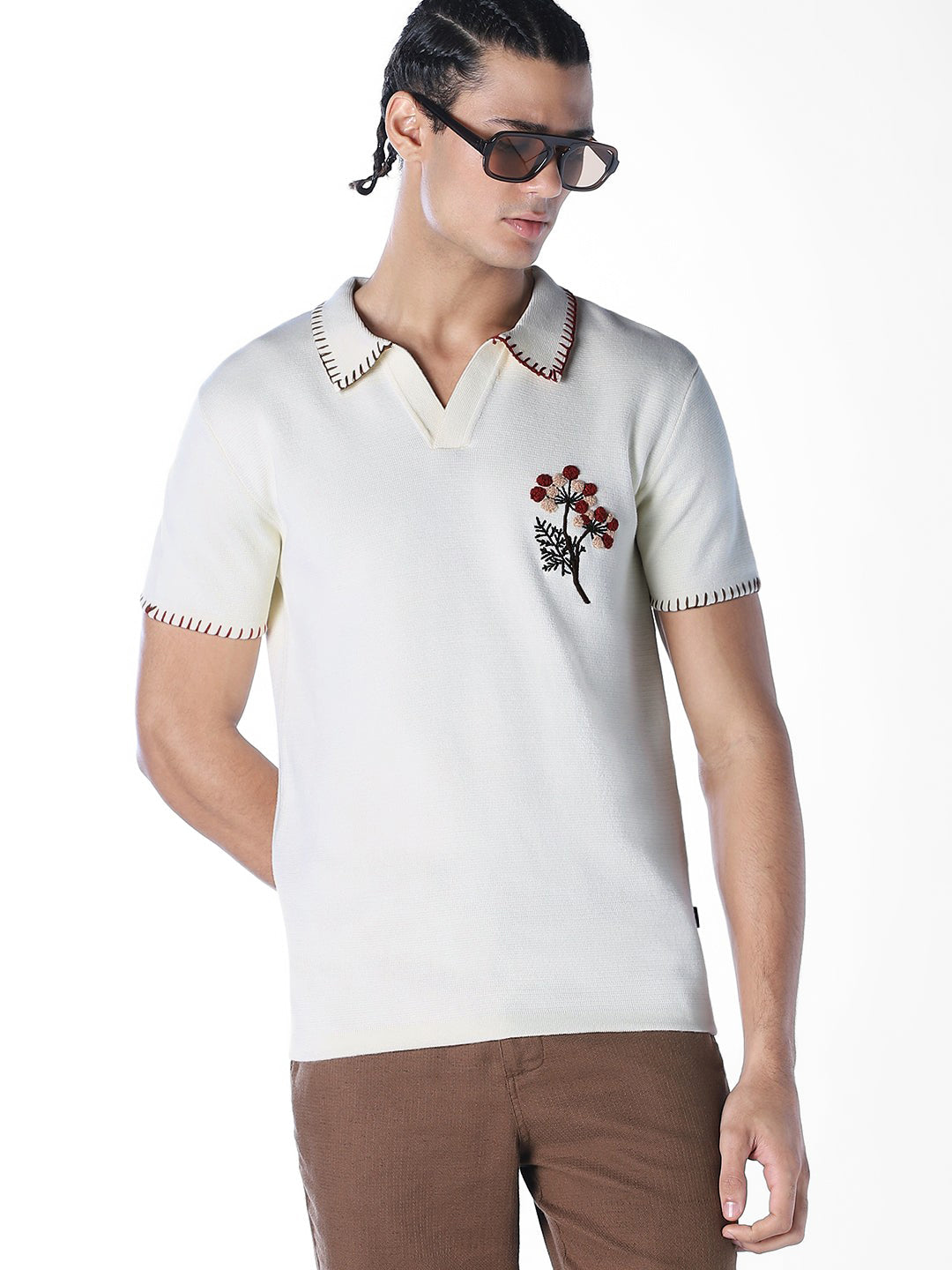 Contrast Stitch Embroidered Polo - S