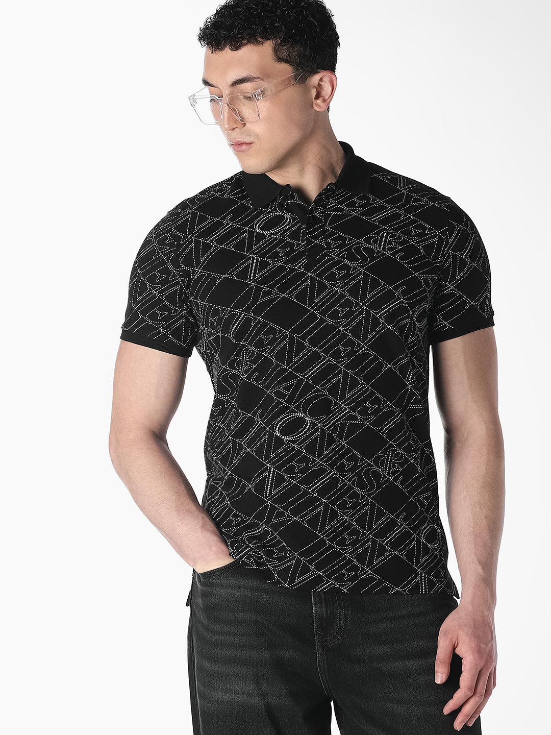 Typographic Print Cotton Polo - M