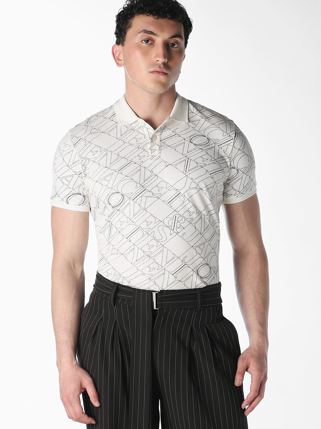 Typographic Print Cotton Polo - Off-White - S