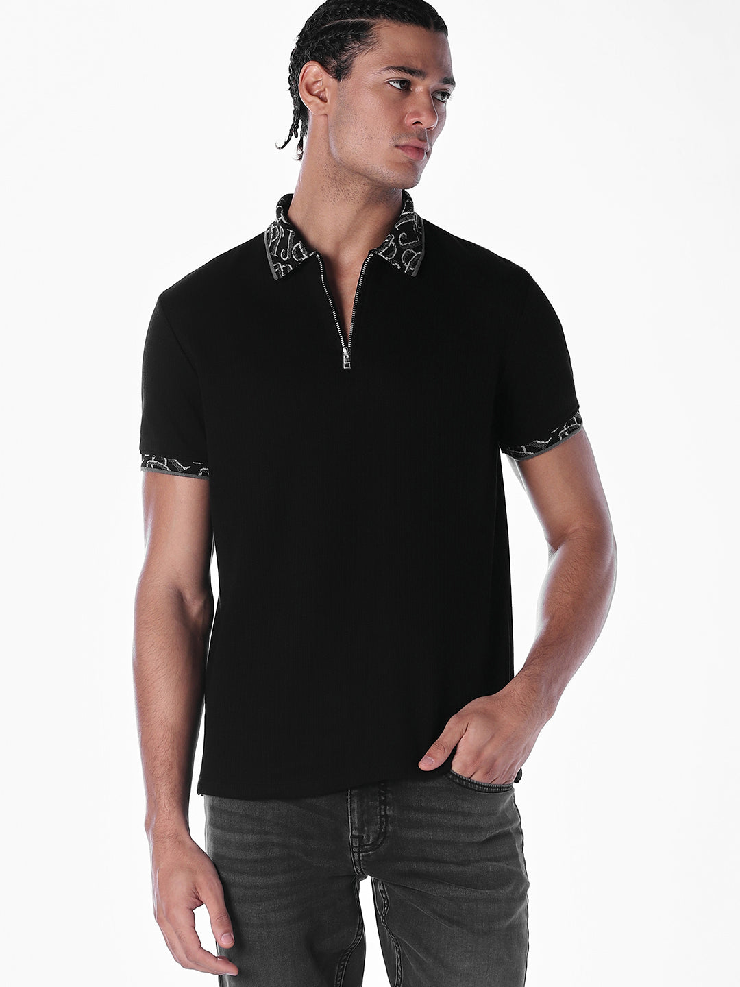 Jacquard Contrast Collar Polo - S