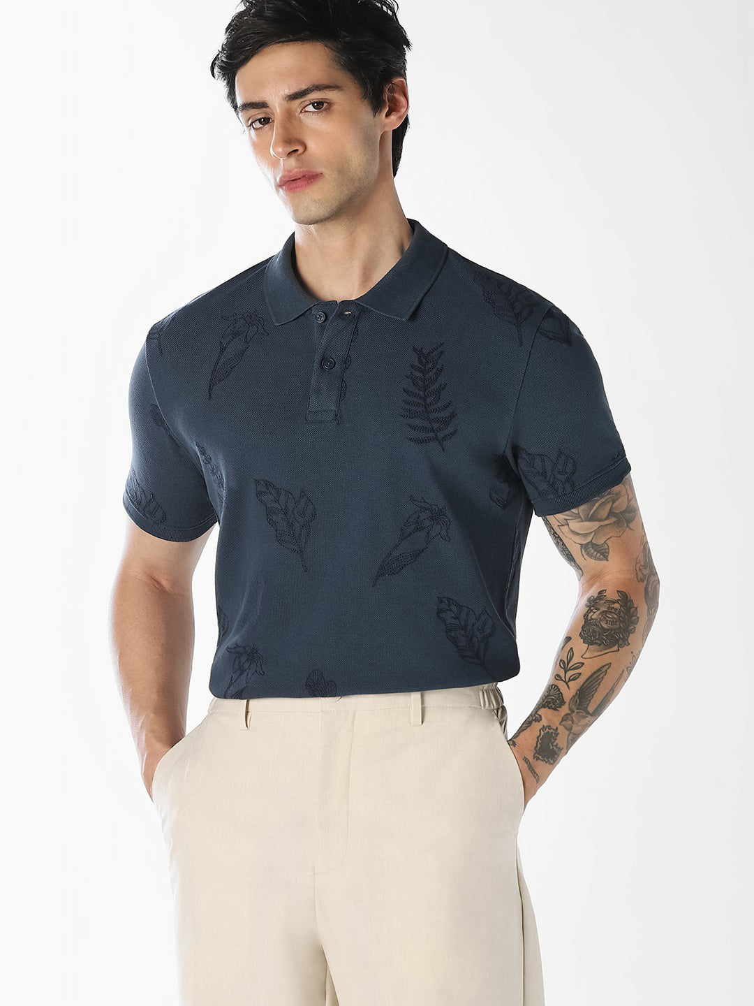 Dark Blue Embroidered Polo - L