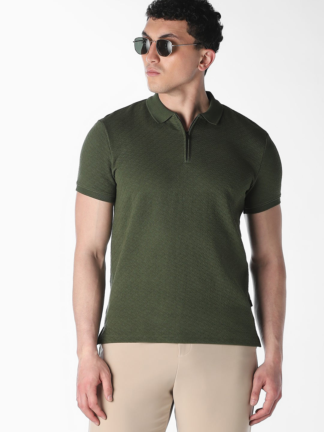 Textured Zip-Up Cotton Polo - S
