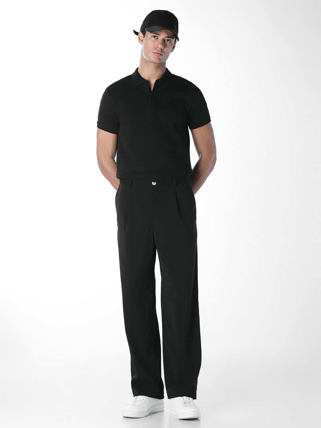 Black Zip Detail Cotton Polo