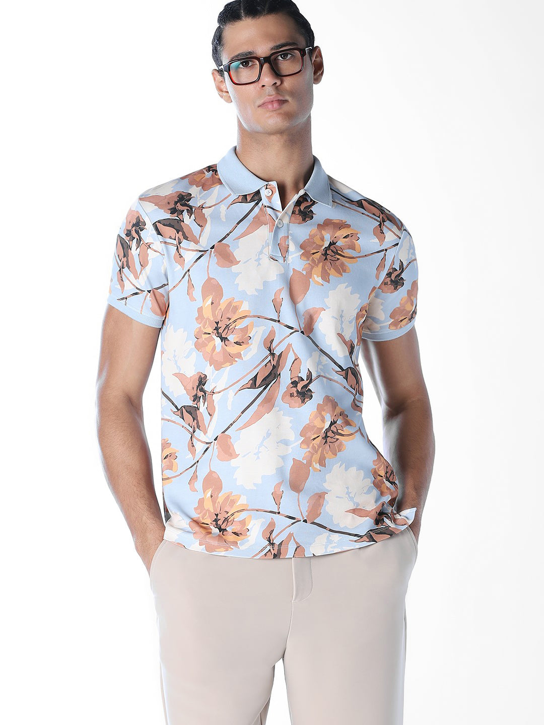 Blue Printed Cotton Polo - S