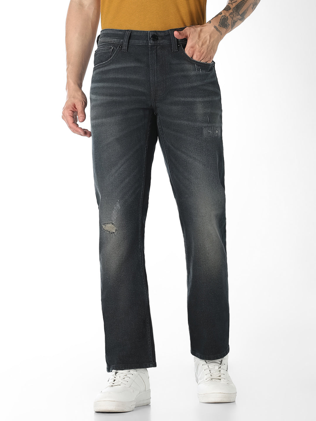 Heavily Washed Distressed Regular Fit Jeans
