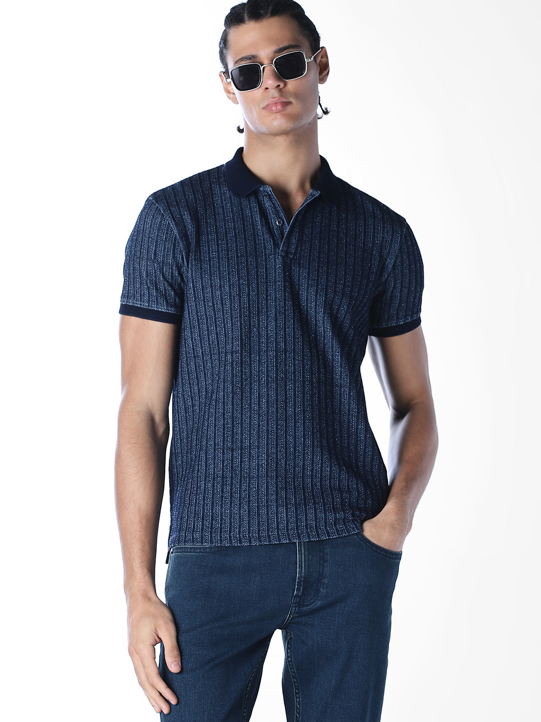 Indigo Dobby Jacquard Polo - S
