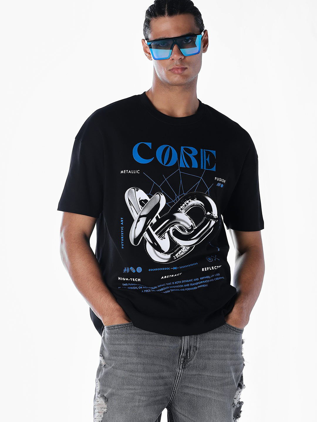 Printed Oversized Black T-shirt - M