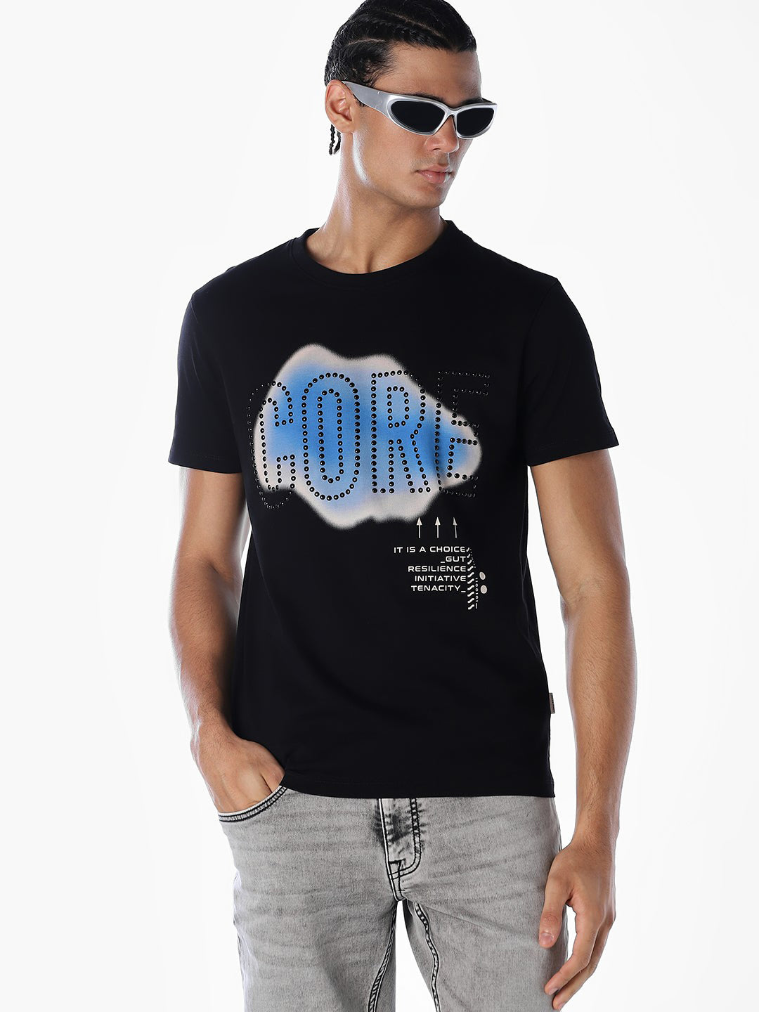 Black Stylised Print Cotton T-shirt