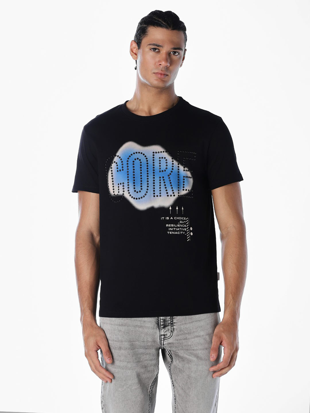 Black Stylised Print Cotton T-shirt