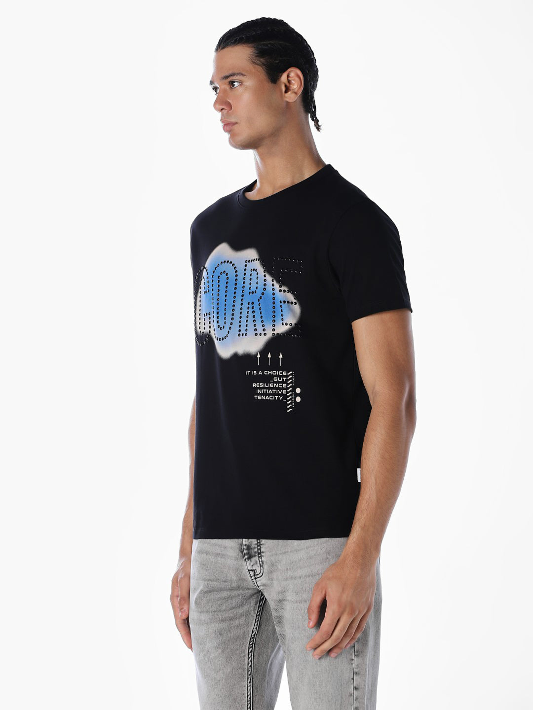 Black Stylised Print Cotton T-shirt