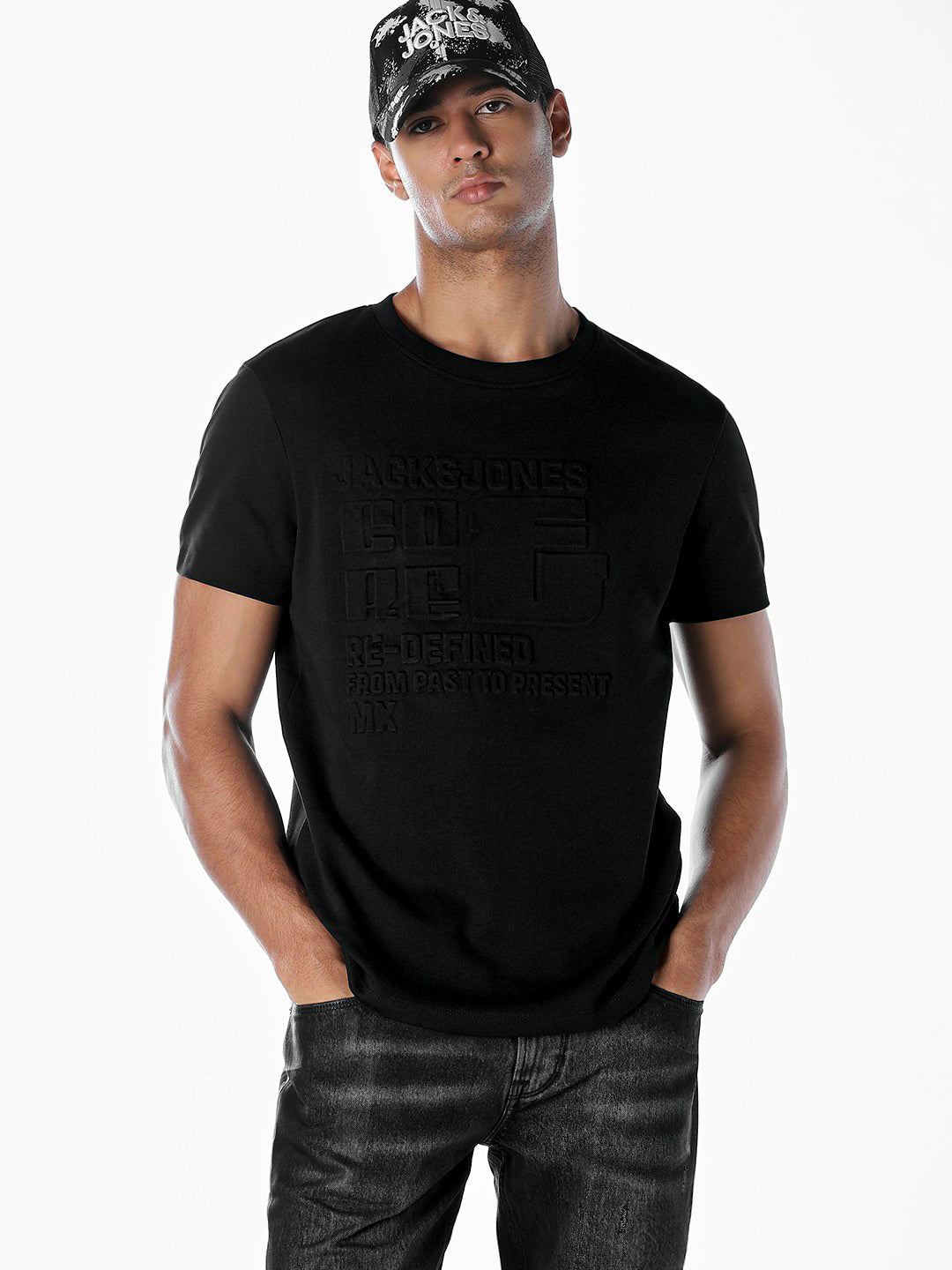 Black Tonal Embossed Logo Cotton T-shirt - S