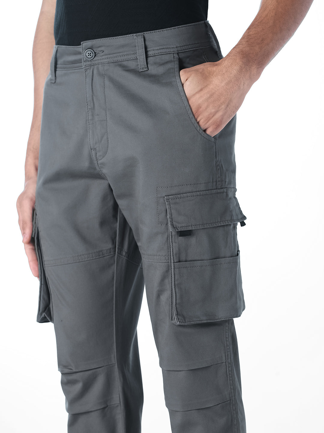 Grey 6 Pocket Regular Fit Cargos