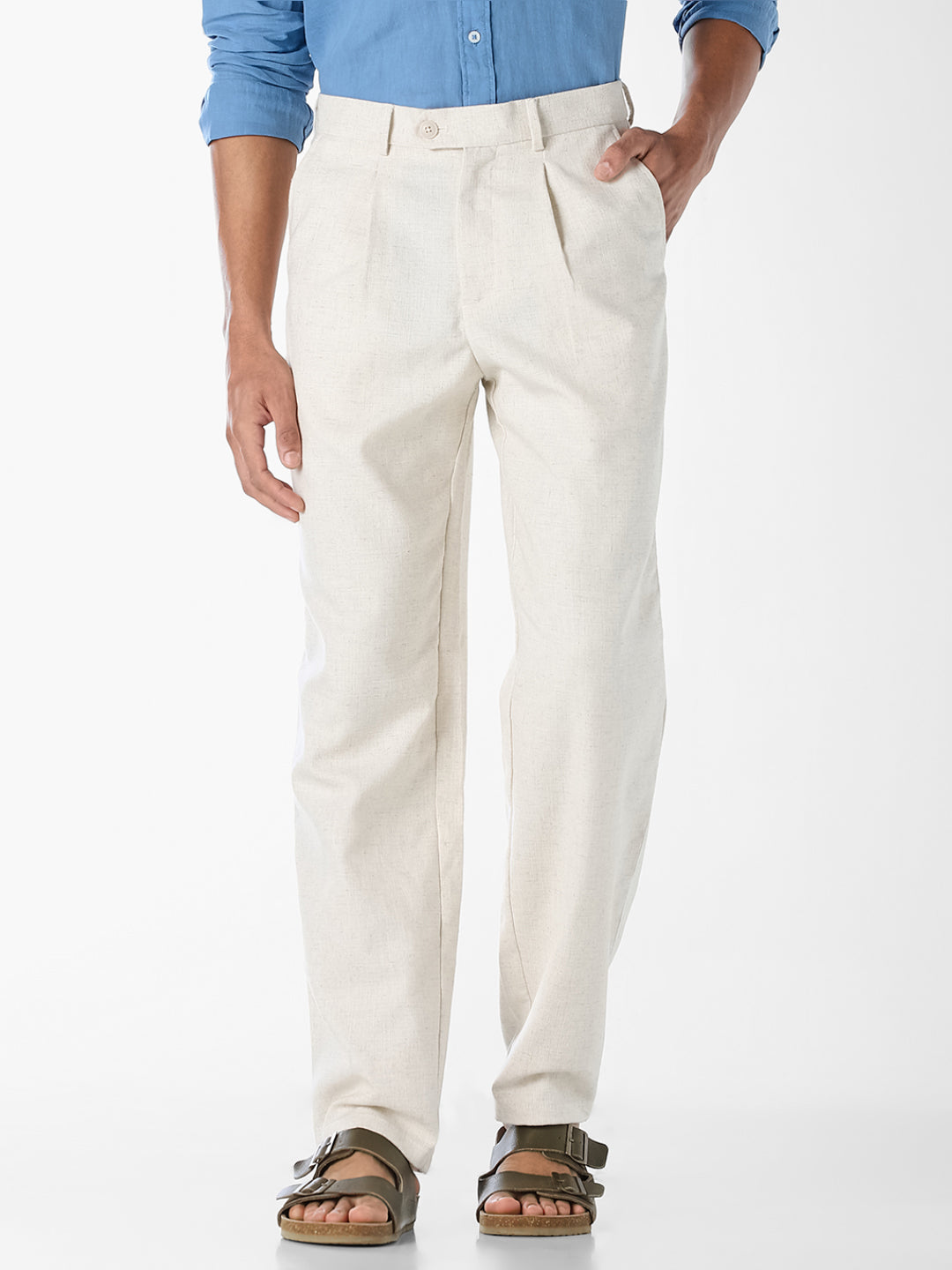 Beige Textured Regular Fit Pants