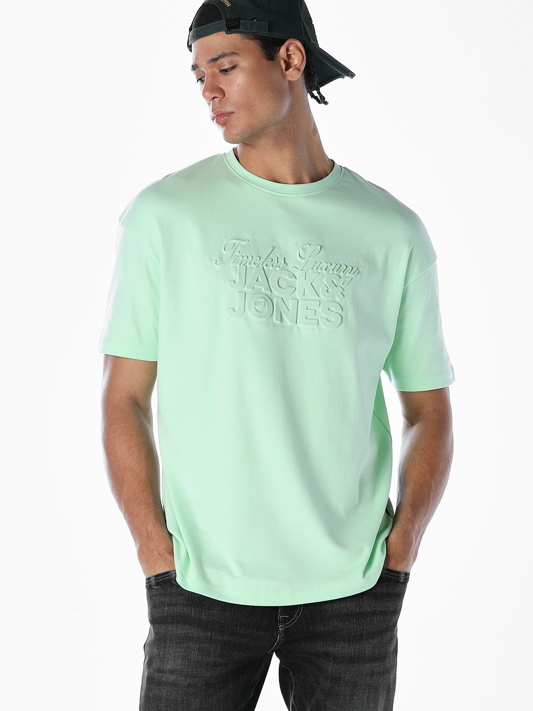 Embossed Text Boxy Fit T-shirt - Pastel Green - S
