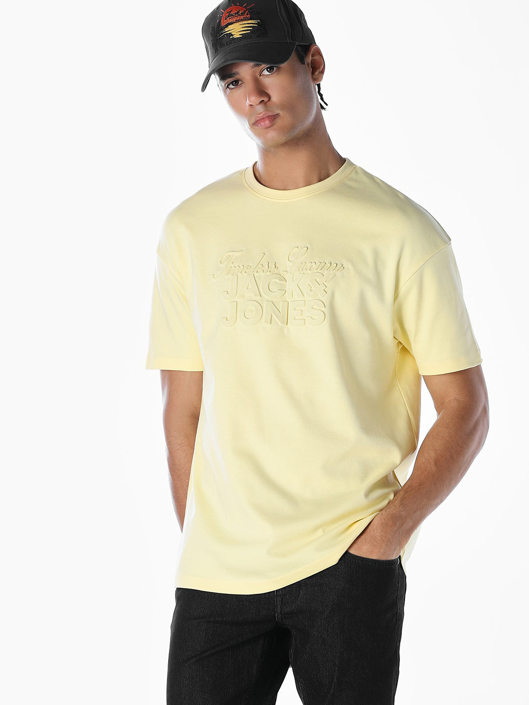 Embossed Text Boxy Fit T-shirt - Pastel Yellow - S