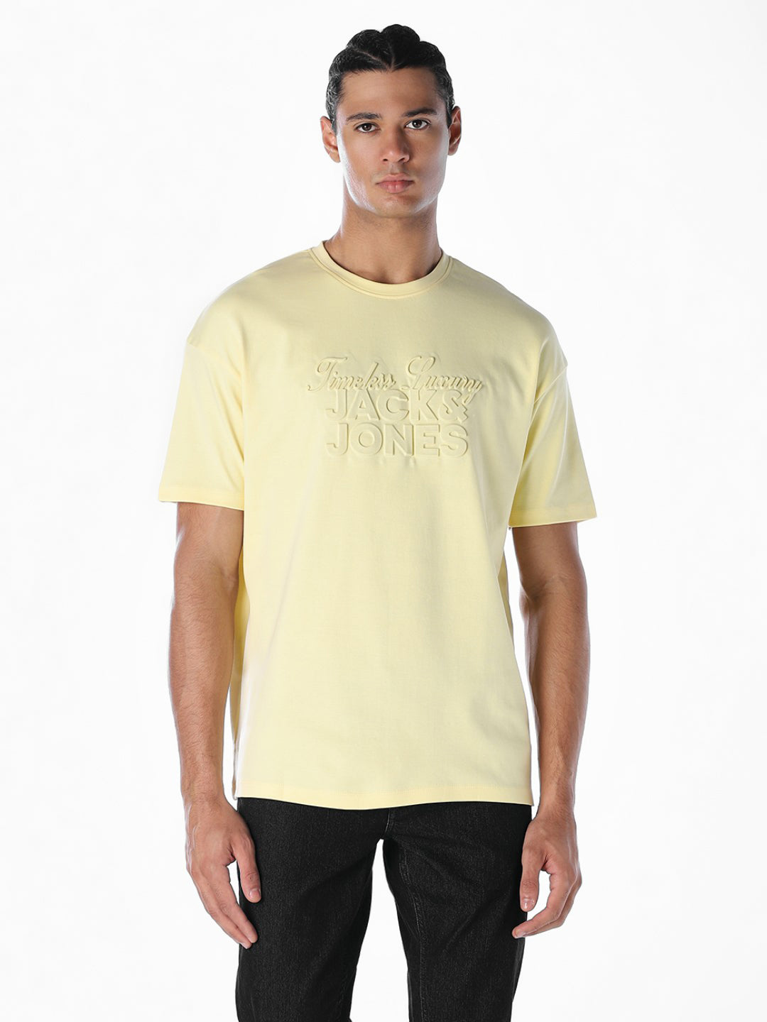 Embossed Text Boxy Fit T-shirt - Pastel Yellow