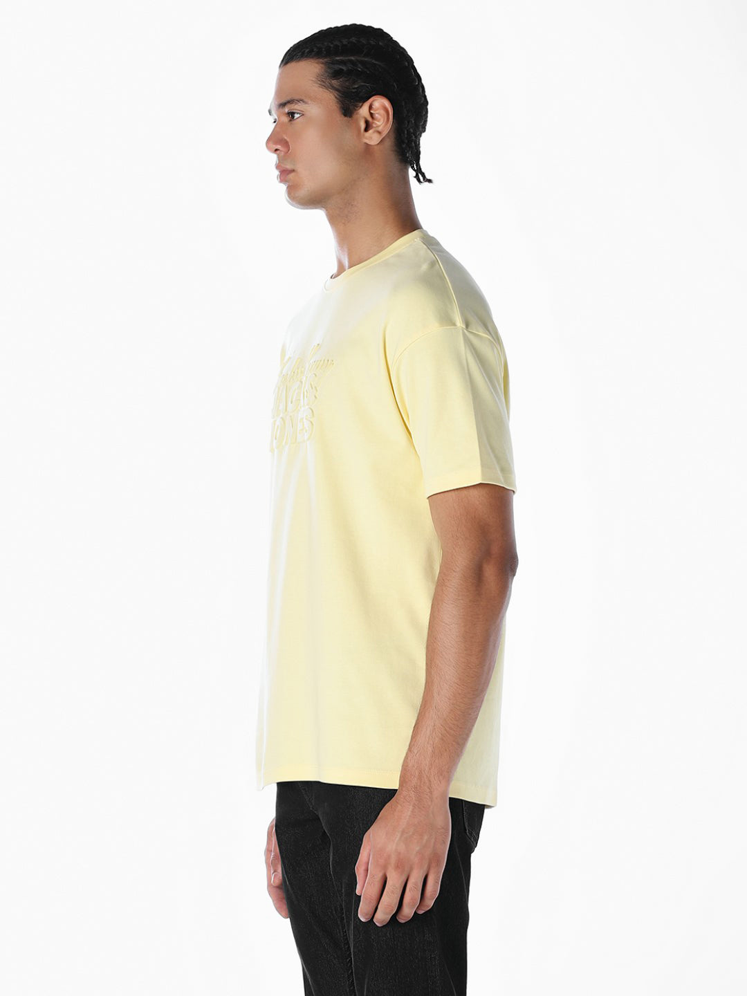 Embossed Text Boxy Fit T-shirt - Pastel Yellow