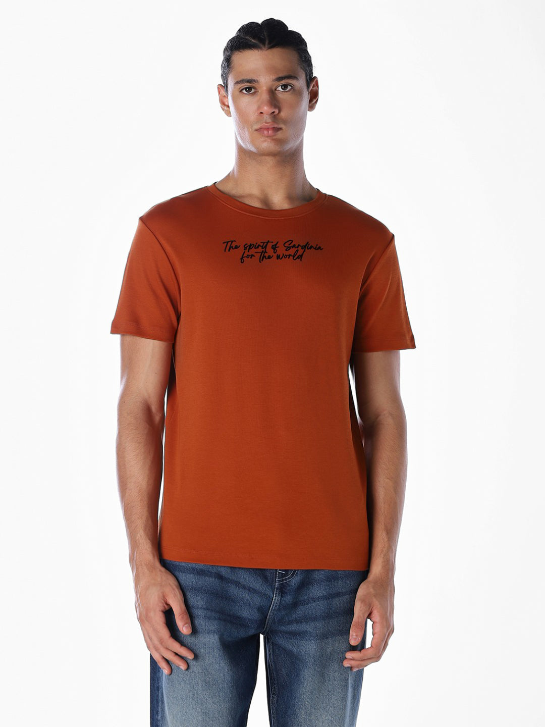 Rust Slogan Print Cotton T-shirt