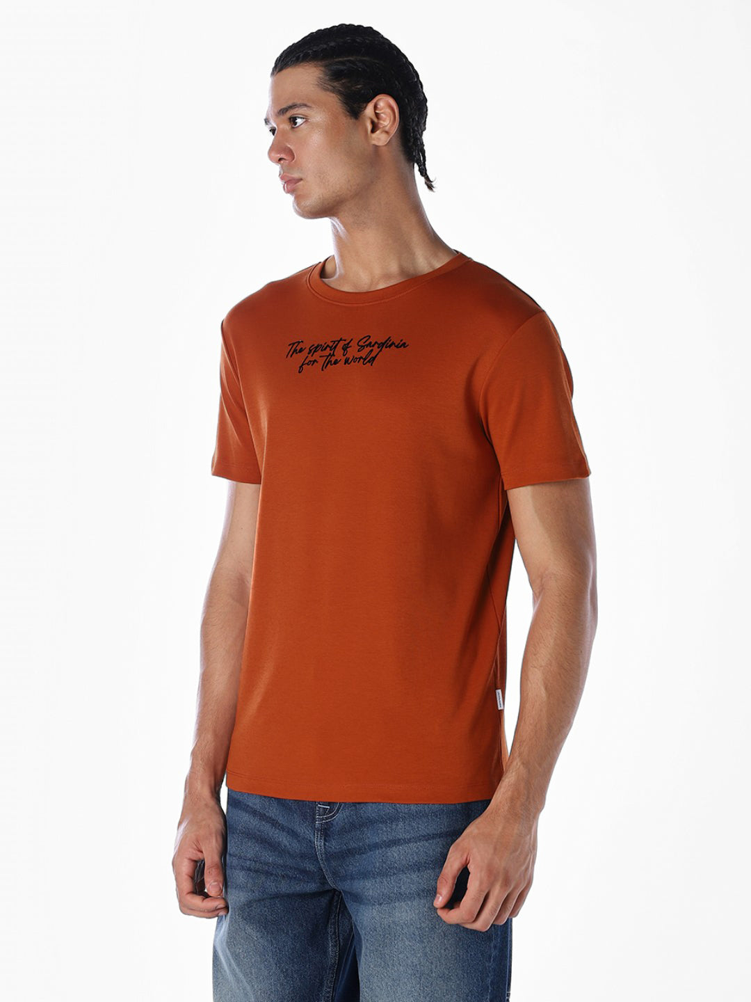 Rust Slogan Print Cotton T-shirt