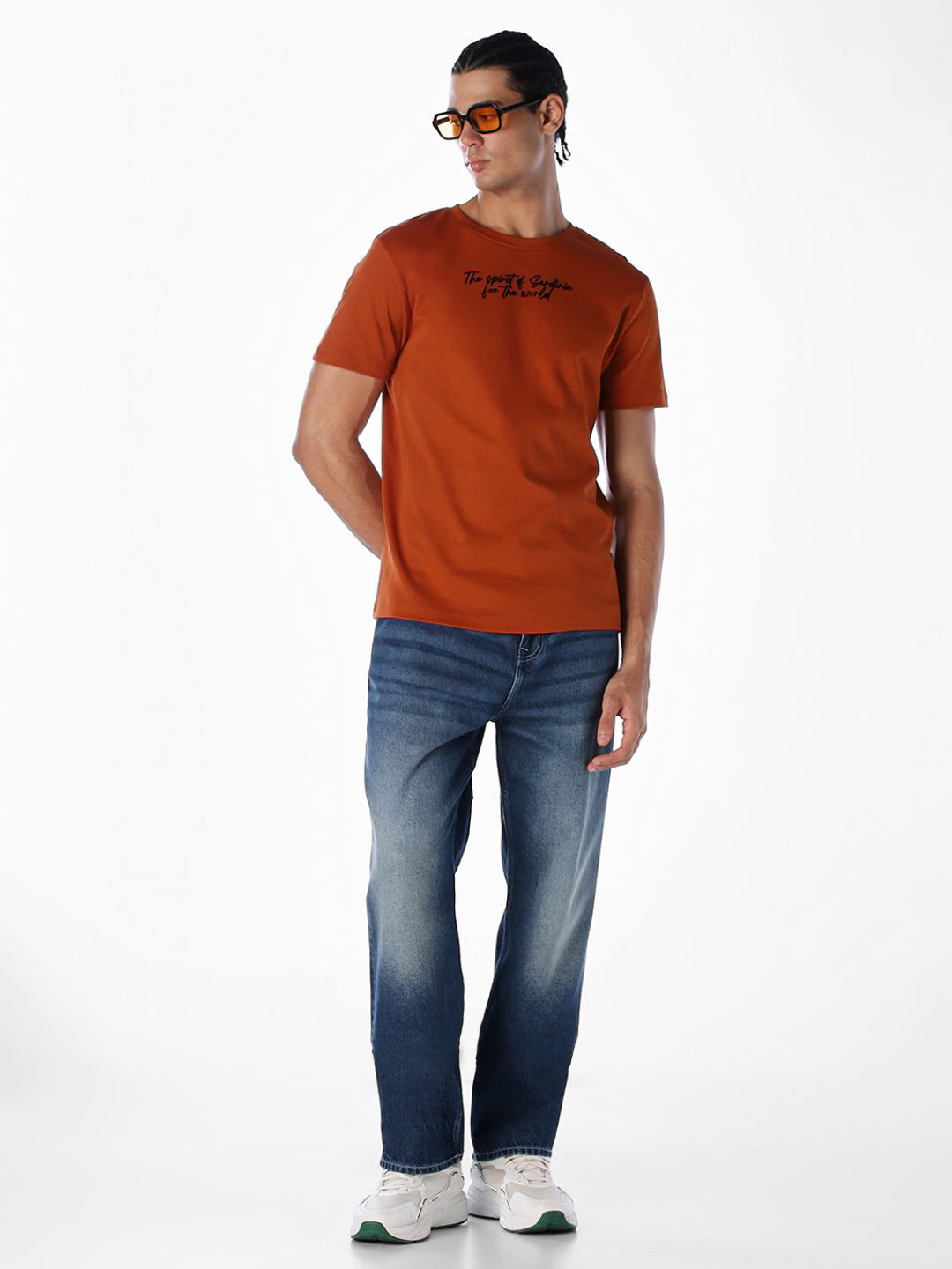 Rust Slogan Print Cotton T-shirt