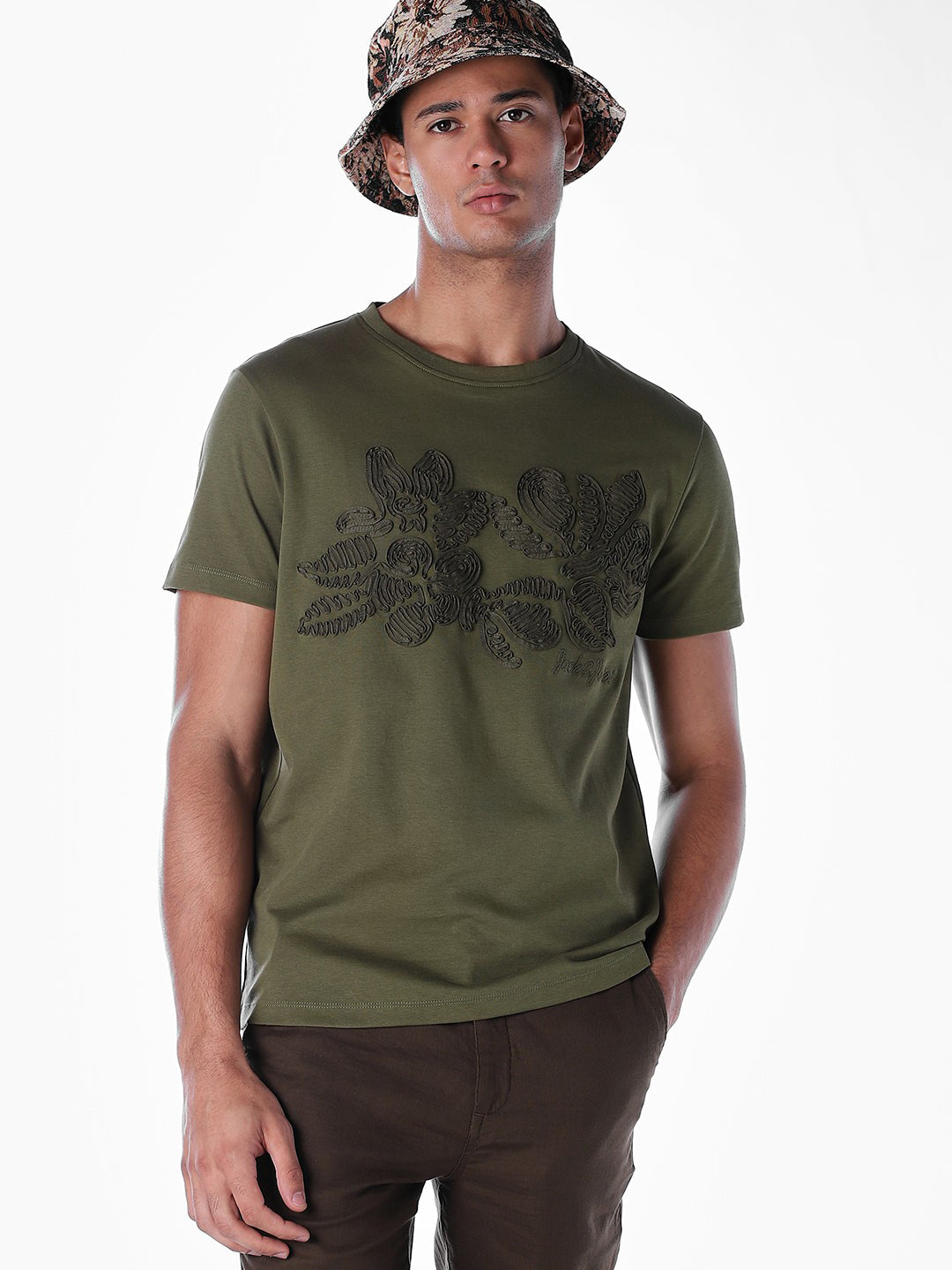 Embroidered Print T-shirt - Olive - S