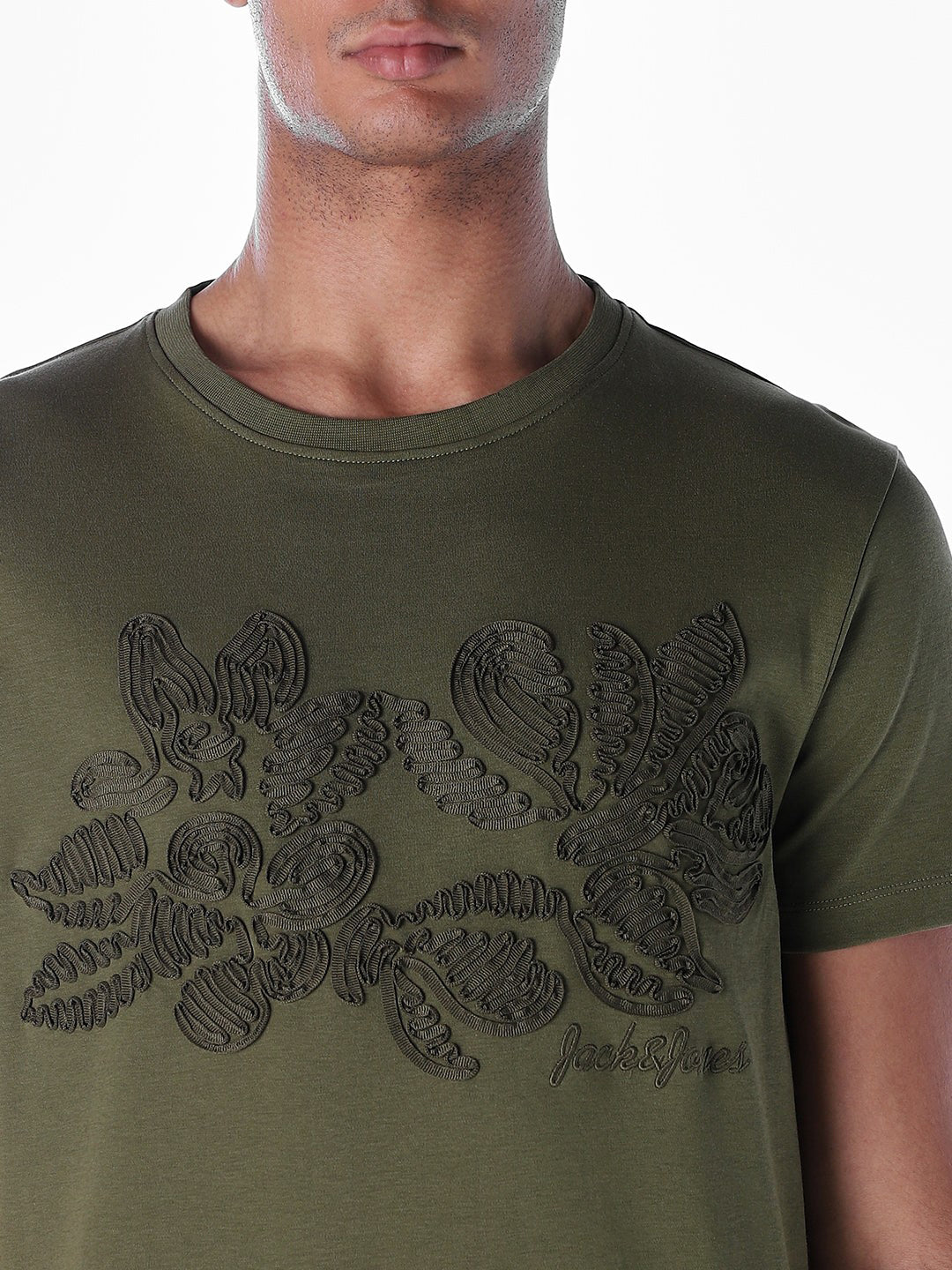 Embroidered Print T-shirt - Olive