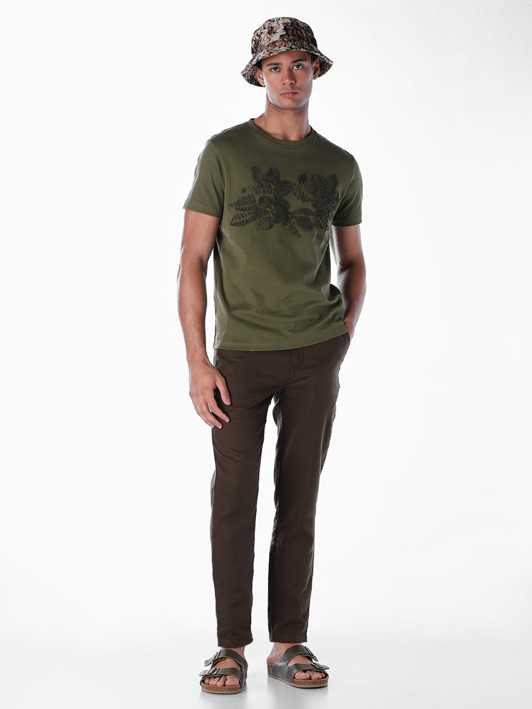 Embroidered Print T-shirt - Olive